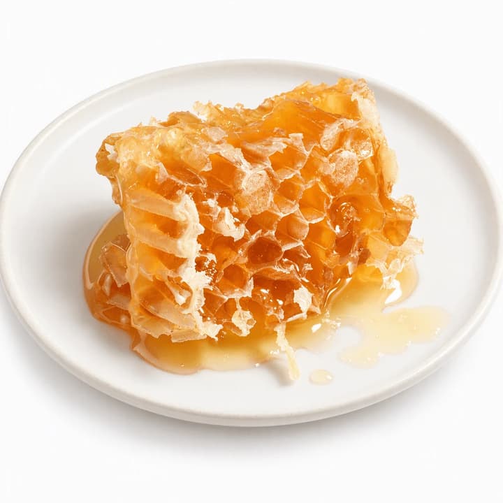 Close-up of a cut square of raw golden honeycomb glistening with honey on a small white plate against a seamless white background