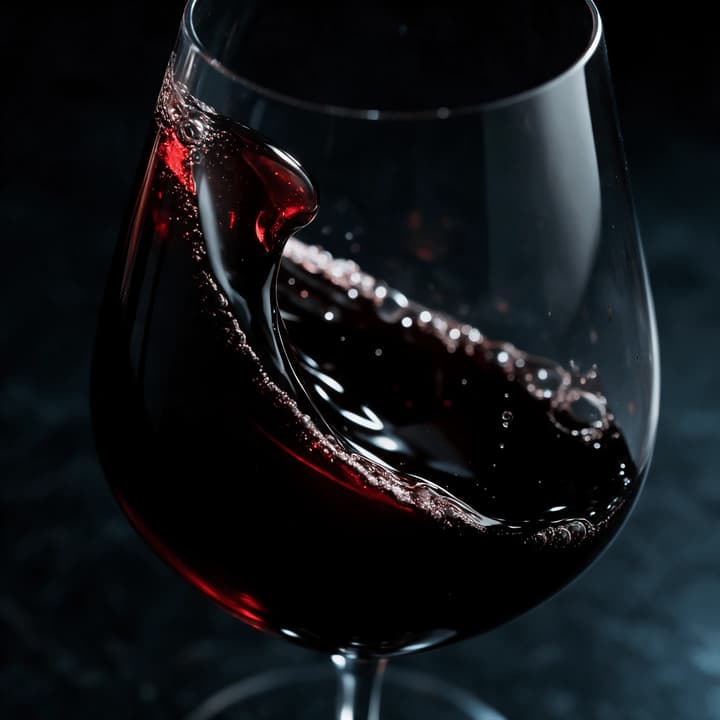 Close-up of deep ruby red wine swirling in a glass bowl — wine photography