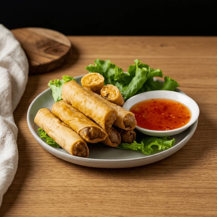 Crispy asian spring rolls golden fried sweet chili dipping sauce sesame macro plate — spring roll FAQ sidebar photography