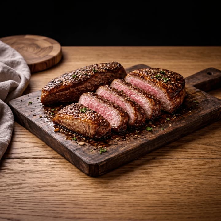 Sliced picanha cap fat medium rare macro board rock salt — iconic picanha FAQ sidebar photography