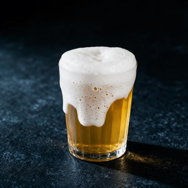 Extreme close-up of the dense white foam head on a freshly poured beer with lacing and condensation on the glass