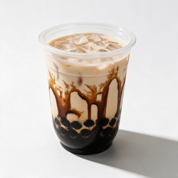 Clear takeaway cup of brown sugar boba milk tea with dark syrup streaks running down the cup wall over a dense bed of tapioca pearls