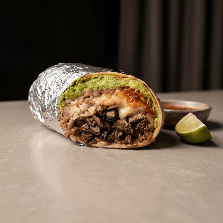 Iconic Mission carne asada burrito foil wrap pulled back filling exposed — FAQ sidebar burrito photography