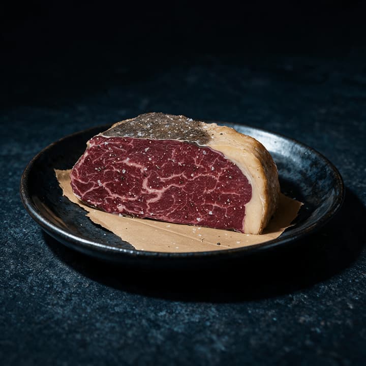 Close-up of the dense marbling and thick ivory fat cap on a raw dry-aged ribeye steak resting on brown butcher paper in raking side light