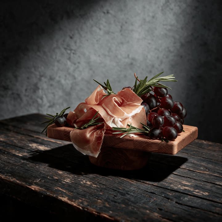 Macro close-up of a prosciutto rose beside honeycomb and a soft brie edge showing fat marbling