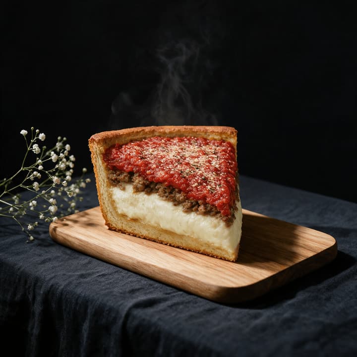 Chicago deep dish pizza slice cross section standing tall buttery crust wall mozzarella layer sausage chunky tomato sauce on top wooden board — deep dish FAQ sidebar photography