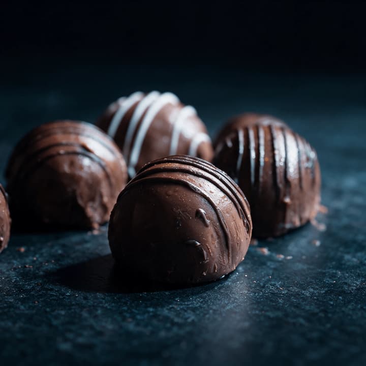 Extreme macro close up of a single glossy chocolate bonbon dome showing a hand splattered cocoa butter finish and a mirror sheen