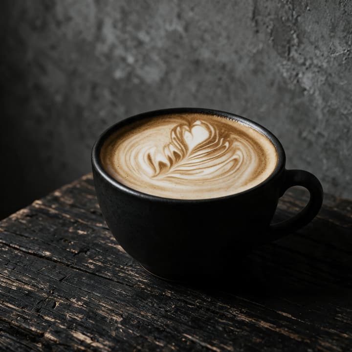 Latte art rosetta in a matte black ceramic cup on weathered dark wood