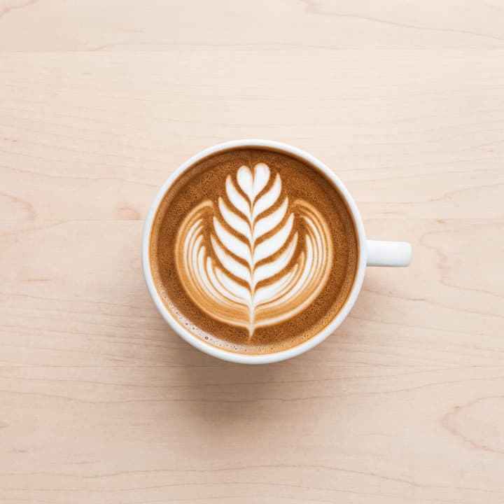 Single rosetta latte art microfoam close up overhead light wood — iconic latte art FAQ sidebar photography