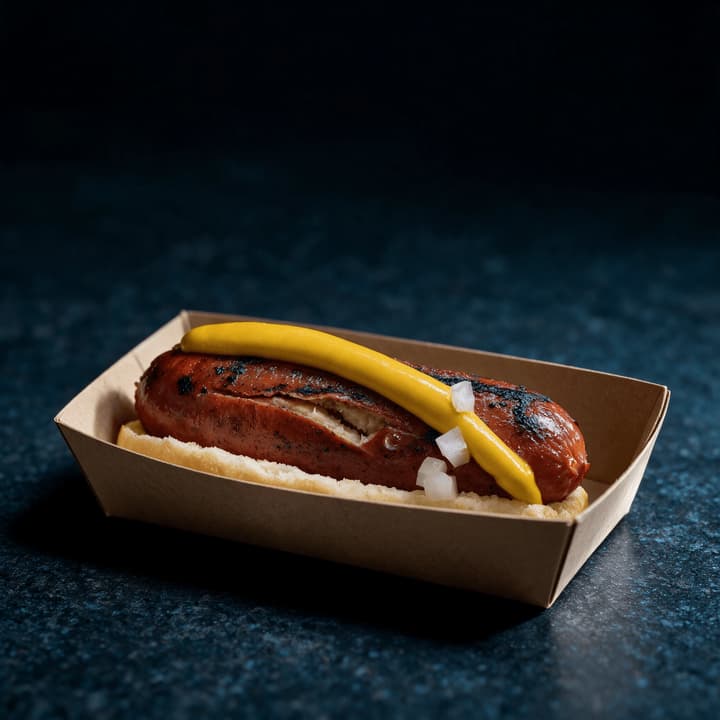 Close up of a split blistered frankfurter casing under a glossy mustard stripe in a kraft tray