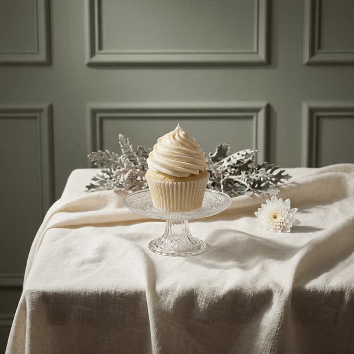 Prepoznatljiv cupcake s vanilija maslac-kremom na mramoru — signature fotografija cupcakea