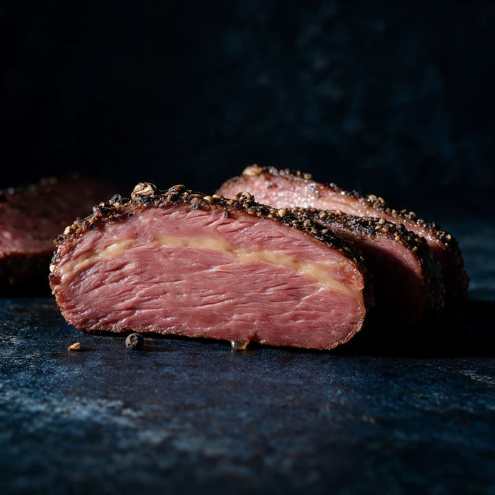Extreme macro of hand carved pastrami showing peppered crust marbled fat and moist grain lit hard from the upper right