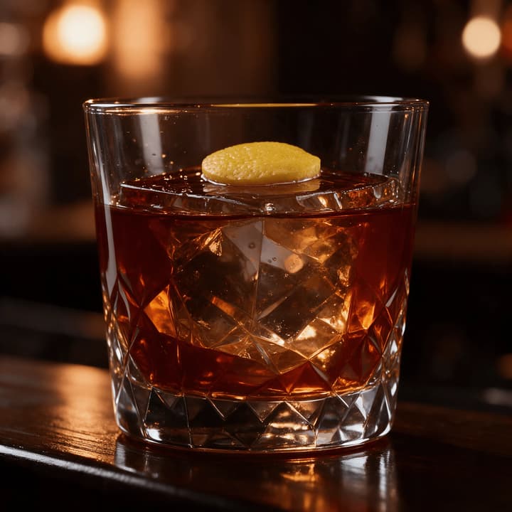 Close-up of a cut-crystal rocks glass holding a large clear ice block in amber cask-aged spirit with a citrus twist, warm low light behind