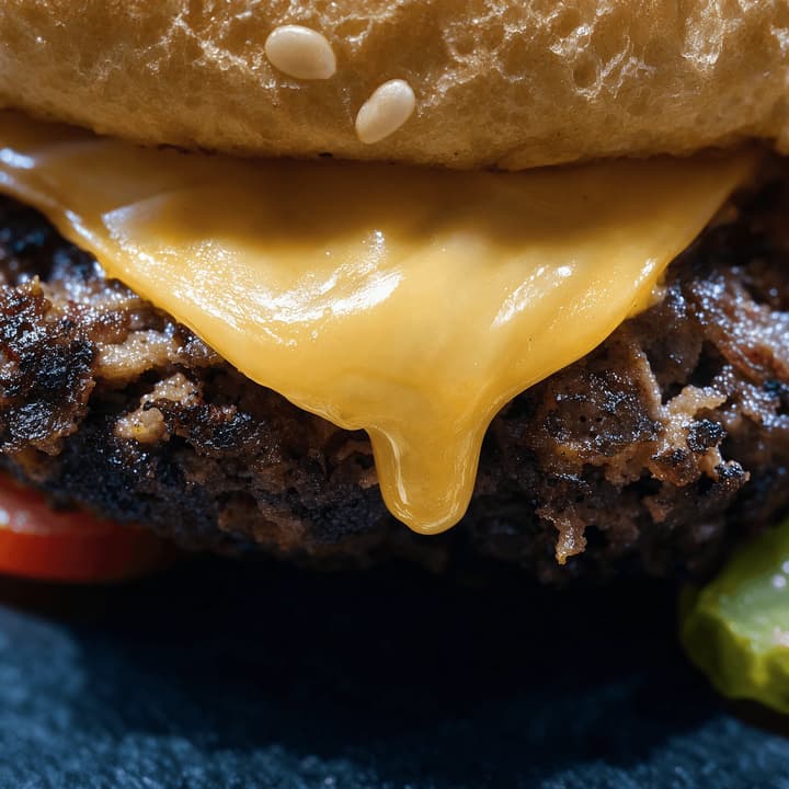 Extreme macro close-up of melted cheese folding over a seared beef patty edge on a toasted bun
