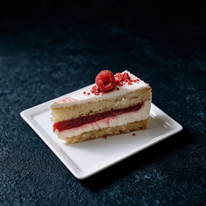 Extreme macro of a cut slice of celebration cake showing vanilla sponge layers, raspberry compote seams and ivory buttercream