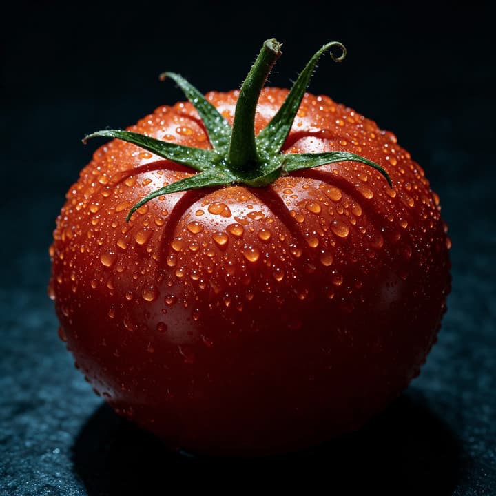 Extreme macro close up of a ripe heirloom tomato shoulder with water beads and green calyx