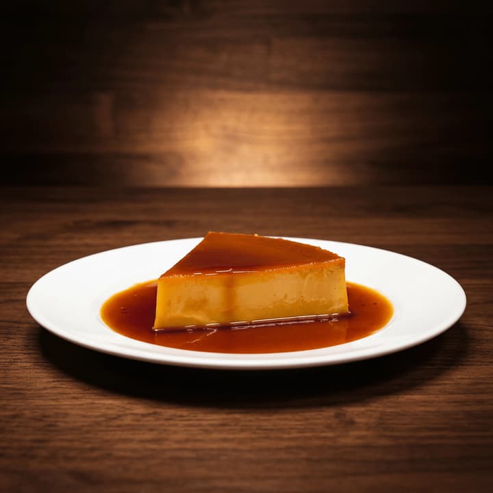 Leche flan filipino caramel custard glossy amber caramel slice plate macro — leche flan FAQ sidebar photography