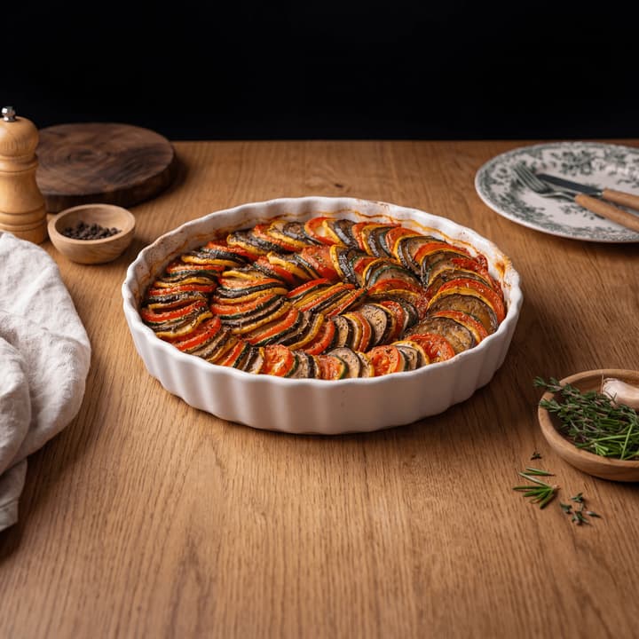 Ratatouille confit byaldi fanned thin sliced vegetables spiral Provencal dish macro — ratatouille FAQ sidebar photography