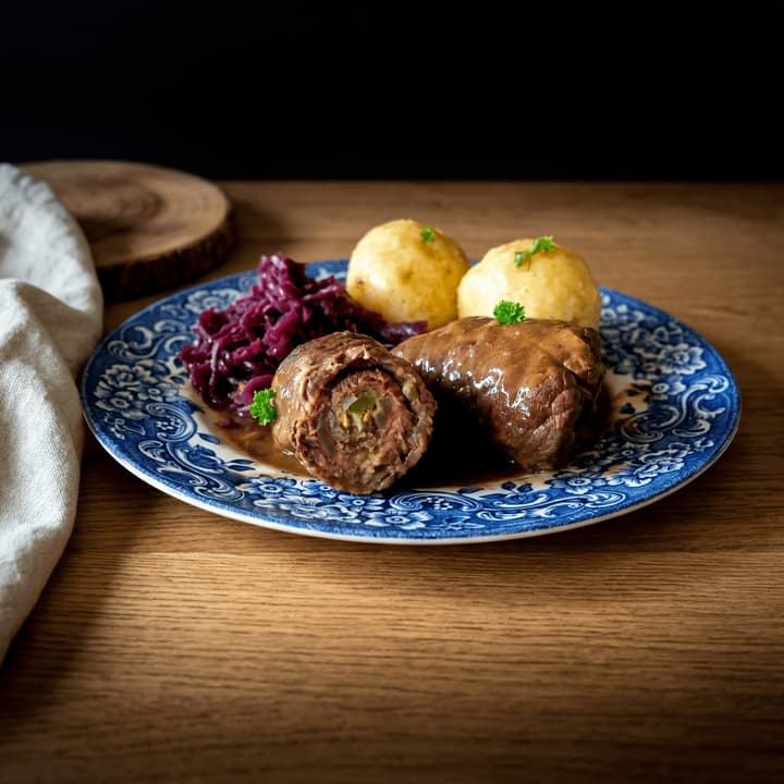 Rouladen german beef roll bacon pickle gravy red cabbage dumpling macro plate — rouladen FAQ sidebar photography