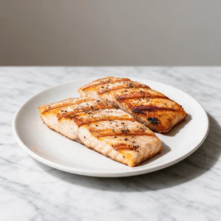 Close-up of two grilled salmon fillets with dark grill bars and cracked pepper on a plain white institutional plate