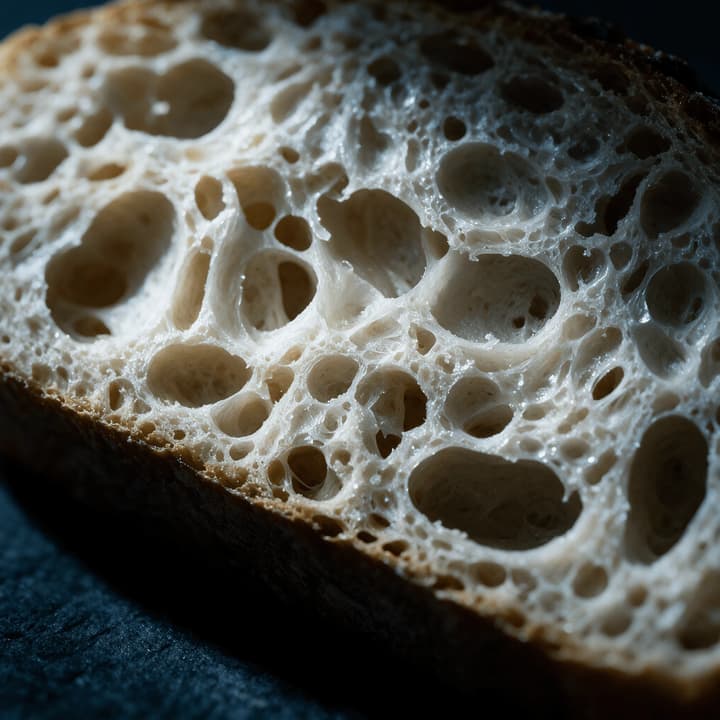 Extreme macro close-up of an open sourdough crumb showing glossy irregular holes and a dark caramelised crust edge