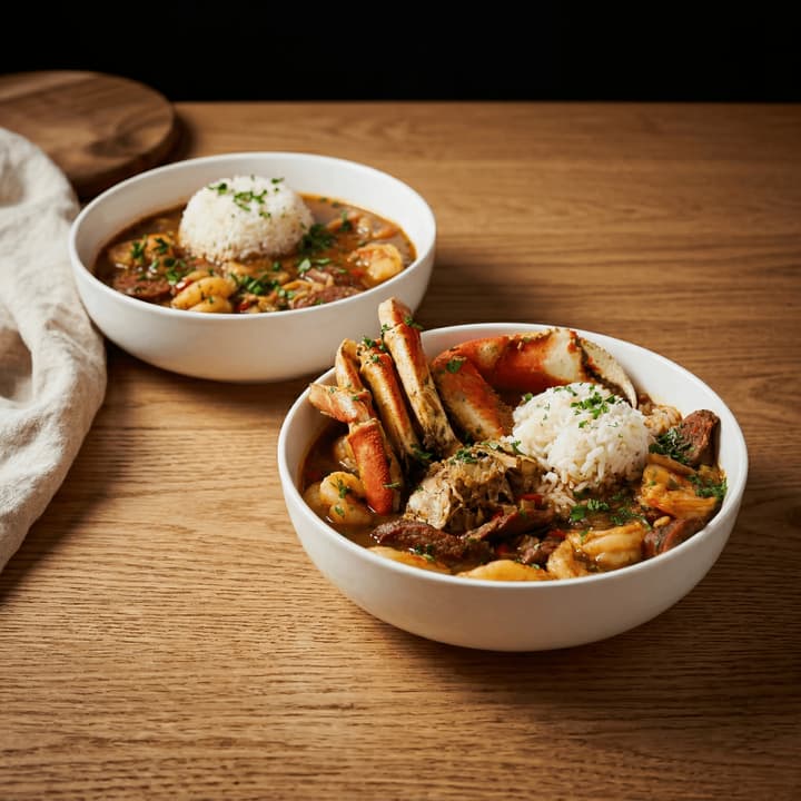 Skaldyrs-gumbo med mørk roux, rejer, krabbe, okra og en klat ris i makro-skål, Houston — gumbo-FAQ-sidebar-fotografering