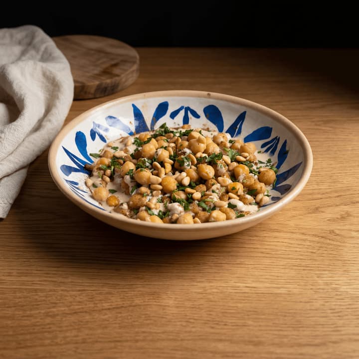 Hummus masabacha bowl whole chickpeas paprika oil macro overhead wood Israeli — iconic hummus FAQ sidebar photography