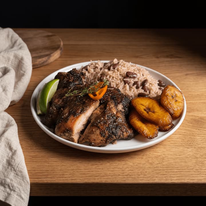 Jerk piletina, mahagoni čar, riža i grah, plantain, makro snimka tanjura — fotografija sidebar FAQ-a za jerk