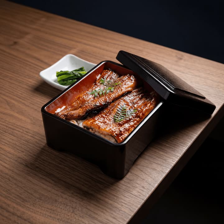 Unadon grilled unagi eel kabayaki glaze rice lacquer box sansho pepper macro — unadon FAQ sidebar photography
