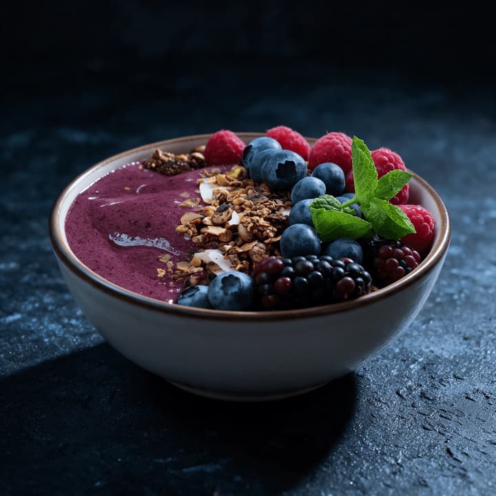 Close up of an acai bowl topped with granola, blueberries, raspberries, blackberries, coconut and mint on dark slate