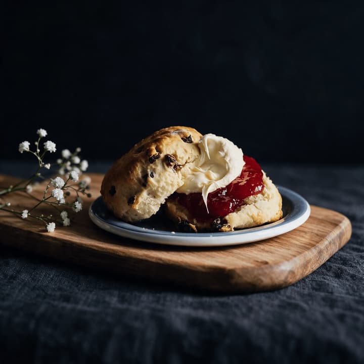 London scone split open thick clotted cream glossy strawberry jam golden crumb wooden board cream tea — scone FAQ sidebar photography