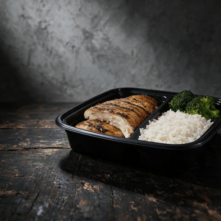 Grill marked sliced chicken breast with steamed rice and broccoli in an open black two compartment meal prep container on a dark weathered wood surface