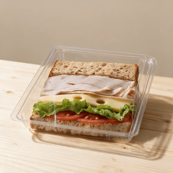 Close up of a fresh turkey and Swiss sandwich sealed in a clear rigid retail pack on pale wood
