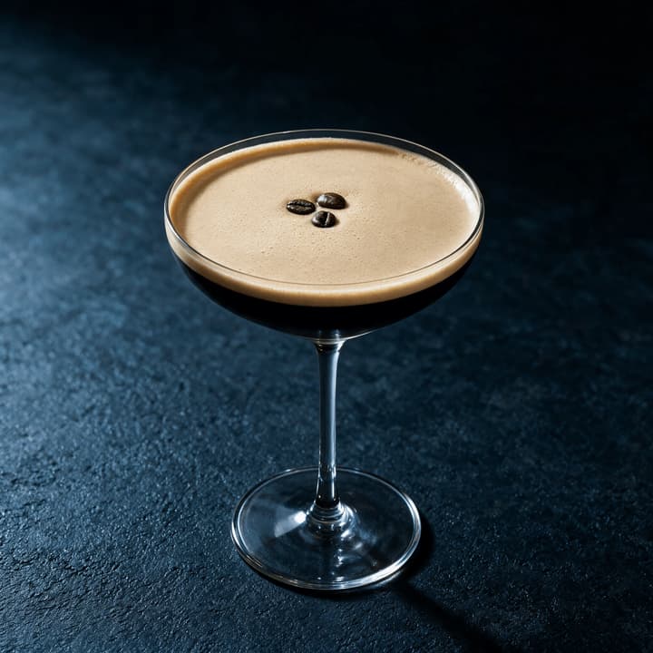 Espresso martini in a stemmed coupe with a tan crema crown and three coffee beans on dark slate