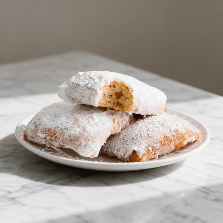 Beignets macro powdered sugar mountain square fried dough pillows torn open airy interior marble new orleans — beignets FAQ sidebar photography