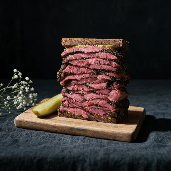 New york pastrami sandwich cut cross section towering hand cut pink peppercorn crusted slices seeded rye mustard wooden board deli — pastrami FAQ sidebar photography