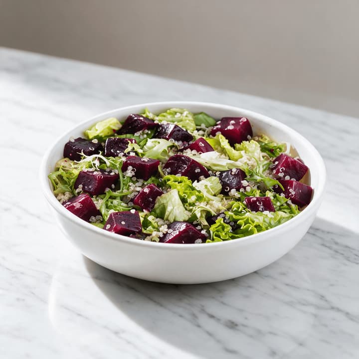 Close-up of a balanced grain bowl with sliced chicken, quinoa, roasted broccoli and cherry tomatoes filling the frame