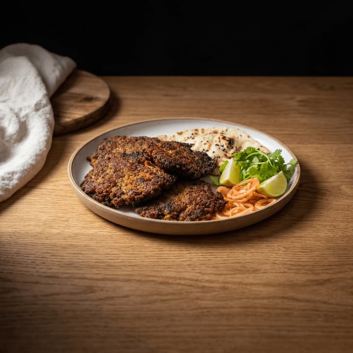 Chapli kebab Peshawari flat minced beef patty pomegranate coriander seed naan macro plate — chapli kebab FAQ sidebar photography