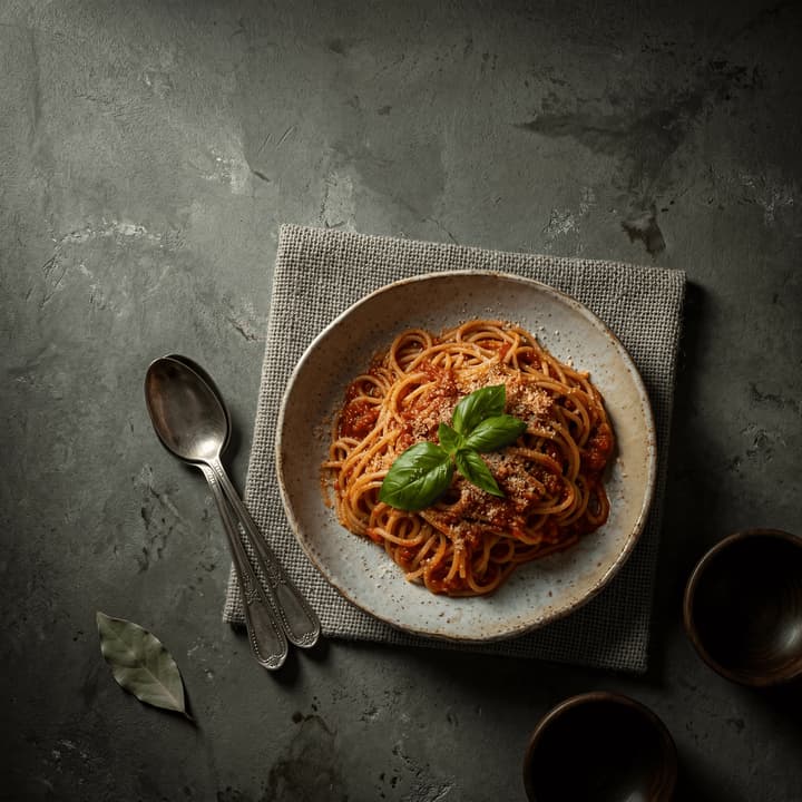Spaghetti pomodoro fresh basil tomato sauce — iconic Italian pasta photography FAQ sidebar