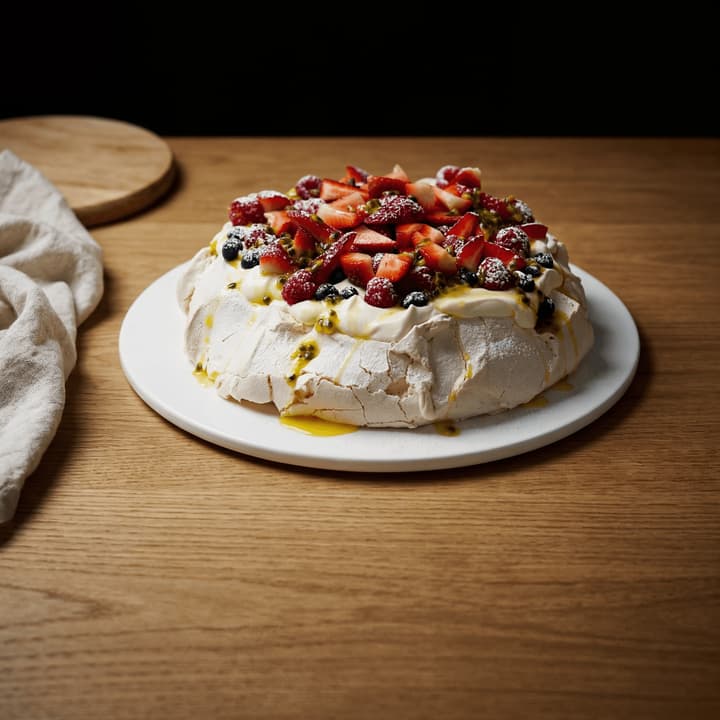 Pavlova marengs flødeskum passionsfrugt kiwi jordbær makro Perth — pavlova FAQ-sidebar-fotografering