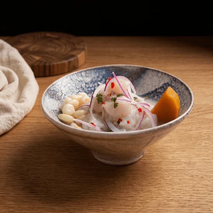 Single ceviche bowl close up macro leche de tigre red onion cilantro slate — iconic ceviche FAQ sidebar photography