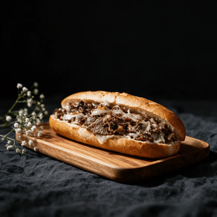 Philly cheesesteak cut open chopped ribeye melted cheese griddled onions wooden board dark backdrop — cheesesteak FAQ sidebar photography