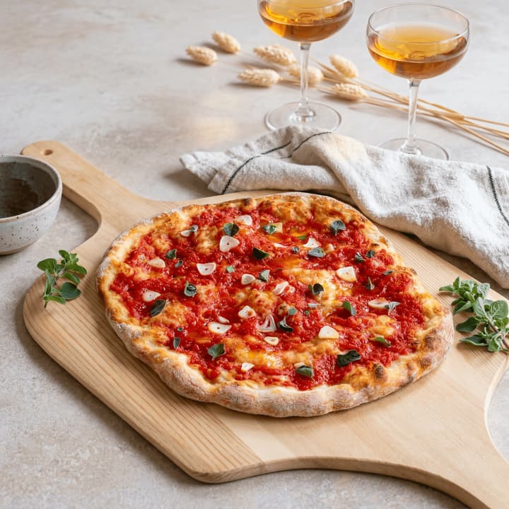 Icónica Pizza Marinara napolitana sin queso con tomate, ajo y orégano — fotografía de barra lateral del FAQ de pizza
