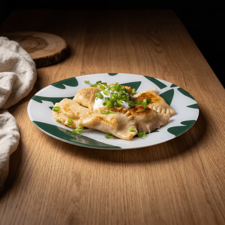 Pierogi pleated crimp edge macro golden butter caramelized onion sour cream close up — pierogi pleat FAQ sidebar photography