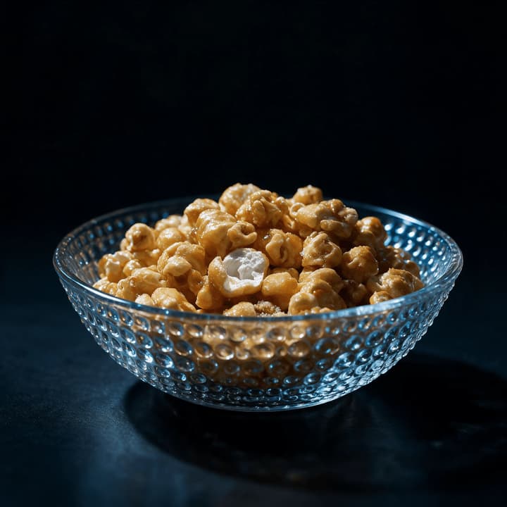 Extreme macro close-up of caramel-coated popcorn kernels showing the glassy shell and popped white interior