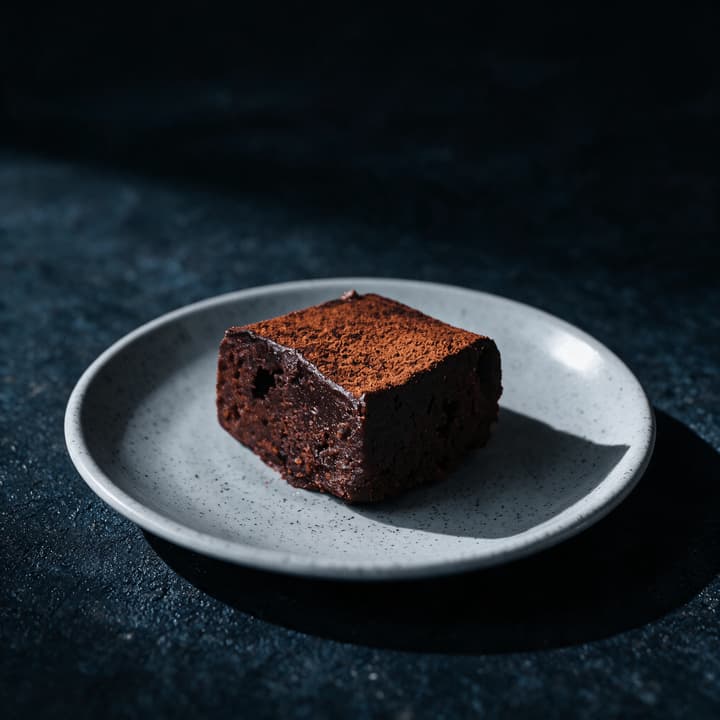 Macro close up of a cocoa dusted dark chocolate fondant square with a fudgy open crumb on a pale speckled ceramic plate