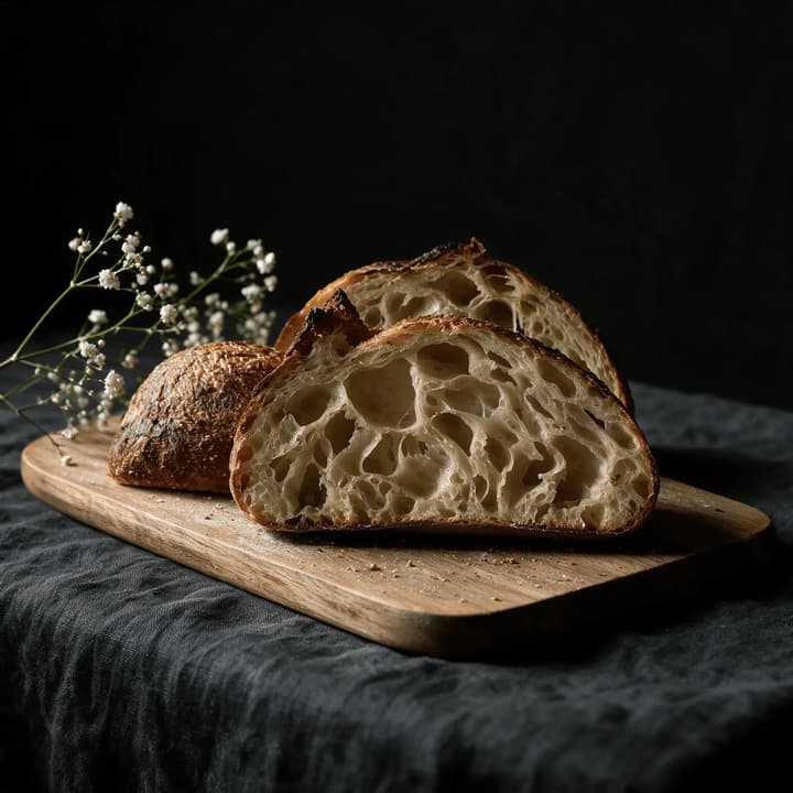 San francisco sourdough cut open cross section open irregular crumb large glossy holes dark blistered crust wooden board — sourdough FAQ sidebar photography
