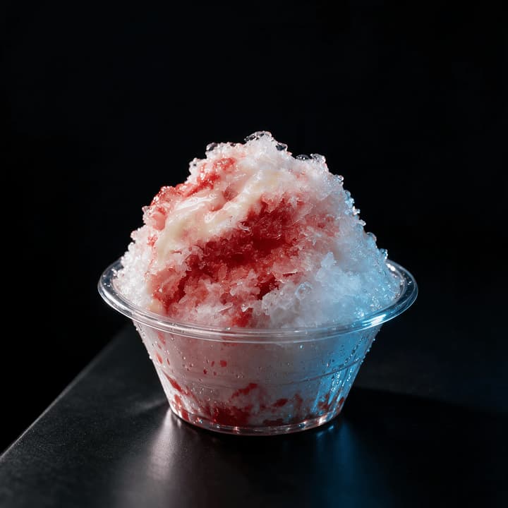 Close-up of a clear cup of shaved ice with cherry-red syrup soaking down between the crystals and a condensed milk ribbon across the crown