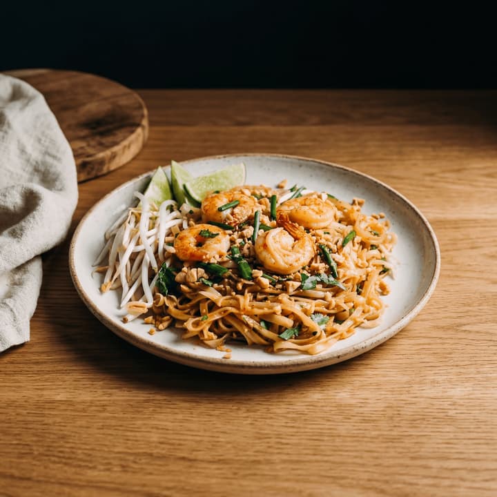 Pad thai με rice noodles, γαρίδες, φύτρα φασολιών, λάιμ και φιστίκι, μάκρο σε πιάτο — εμβληματική φωτογραφία pad thai για το πλαϊνό των FAQ
