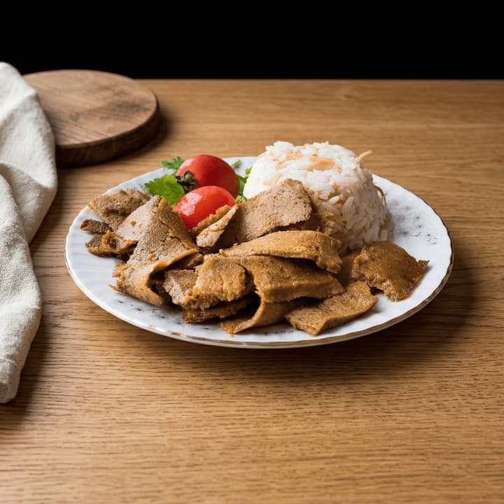 Doner kebab plate pilav uzeri shaved meat rice grilled tomato pepper sumac onion macro plate — doner FAQ sidebar photography